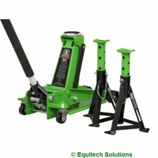 Sealey 3015CXHV 3 Tonne Rocket Lift Trolley Jack & Pair 3T Axle Stands - Green