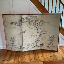 Japanese Folding Screen Hand Painted Three Panel Vintage Crane Oriental Divider