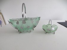 VINTAGE ART DECO  FROSTED GREEN GLASS POSY BASKET + TRINKET BASKET - BAGLEY