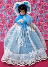 Vintage Kitsch Toilet Roll Cover Doll with Blue White Dress & Lace Trim 