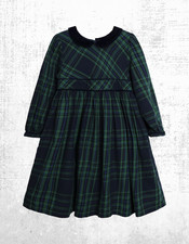 Girls’ JOJO Maman Party Dress Green Check Long Sleeve Belted Cotton Collared