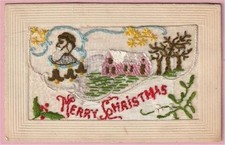 NON TOPOGRAPHICAL POSTCARD WWI SILK MERRY CHRISTMAS + INSERT SANTA  MISTLETOE