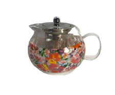 GLASS INFUSER TEAPOT HAS A COLOURFUL FLOWER DESIGN ROUND THE MIDDLE