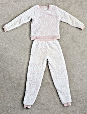 Primark Girls Pyjama Set 10-11 Years Fleece Warm Pink White Pink Ankle Cuffs