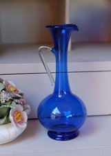 Lovely Vintage Small Cobalt Blue Glass Jar / Vase - Clear Handle -16cm 