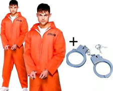 Orange Convict Boiler Suit Mens Costume + Handcuffs Prisoner Jumpsuit Fancy Dres