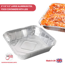 9"X9"X2" LARGE Aluminium Foil Containers + Lids , PACK OF 50 - Made in UK