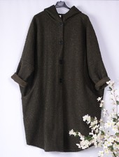 Lagenlook Italian Coat Boucle Khaki/Army Green Pockets Hood 16 18 20 22 - B93