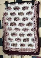 Indian Floral Burgundy & Cream Floral Print Rectangle  Scarf.  Beaded Trim.