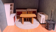 VINTAGE 1950s BARTON Wooden DOLLS' HOUSE KITCHEN Furniture 8 Pieces + Rug