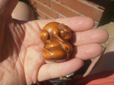 1a. Hand Carved wood netsuke of Mouse upon a bird collectable boxwood figure