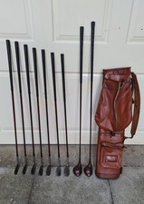 Antique Golf Club 1930s Faux Wood Pyraton Shafts 7 Irons 2 Woods Leatherette Bag