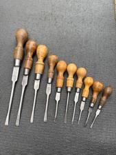 10 VINTAGE ENGLISH WOODEN HANDLE CABINET MAKERS SCREWDRIVERS - VARIOUS MAKES.