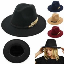 Women Ladies Vintage Large Felt Trilby Fedora Jazz Wide Brim Hat Cap Gangster