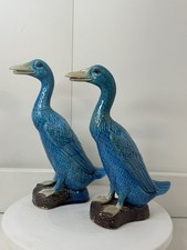 Pair Of Chinese Antique Export Turquoise Blue Porcelain Figural Ducks 10 inches 