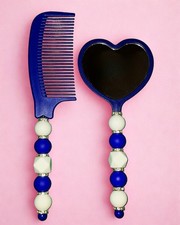 Dark Blue Beaded Comb Mirror