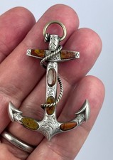 Antique Victorian c 1890 sterling silver Scottish agate fouled anchor brooch pin