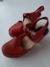 Hasbeens Swedish Wooden High Heel Red Leather Upper Strap Size 37 Never Worn