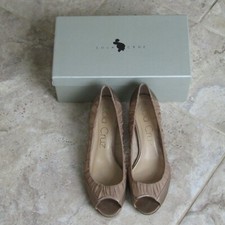 Lola Cruz elegant taupe mesh satin low kitten heel peep toe slip on shoes uk 7