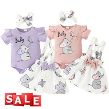 3PCS Newborn Baby Girls Elephant Romper Tops Dress Headband Outfit Set Clothes