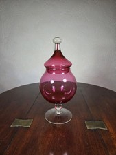 Vintage Cranberry Coloured Hand Blown Art Glass Lidded Dish 
