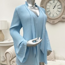 River Island blue plisse blouse pleated bell sleeves pussy bow tie neck 16 BNWT