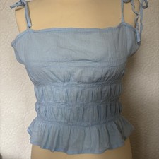 Vintage French Connection Baby Blue Tie Shoulder Ruffle Top UK 14 Y2K