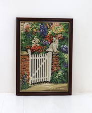 Vintage Tapestry Completed Needlepoint Garden Gate Cat   Framed 21” X 15”