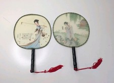 Vintage Japanese Hand Painted Silk Paddle Fan X2
