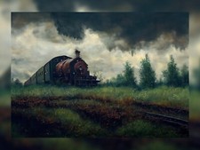Rusty steam train resting in overgrown grass, 5x7 Print of original oil painting