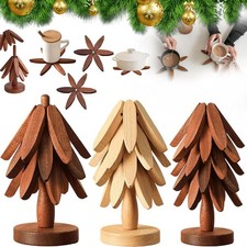 Foldable Wooden Trivets for Hot Dishes, Cup Coaster Set, Tree Shape Trivet Set