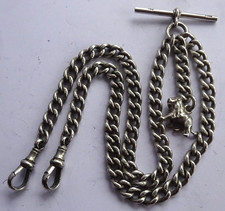 Antique 49.6g solid silver double  pocket watch albert chain & silver lion fob