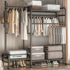 Heavy Duty Double Clothes Rail Rack Garment Hanging Stand Open Wardrobe Shelf UK