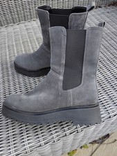 M&S Real Leather Grey Suede elastic slip on chunky ankle Boots Size 6.5