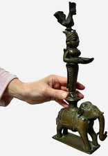 ANTIQUE BRONZE DEEPALAKSHMI ELEPHANT LAMP STH INDIAN TRIBAL FOUNDRY Early 20th c