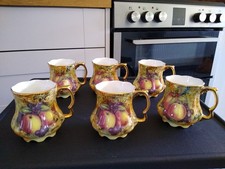 Staffordshire Hand Painted Porcelain Mugs Orchard Gold Fruit Qty 6 Signed L.C.