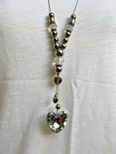 NEXT Necklace Clear & Silver sparkly Glass Heart Tassel on chain 30-34” Long