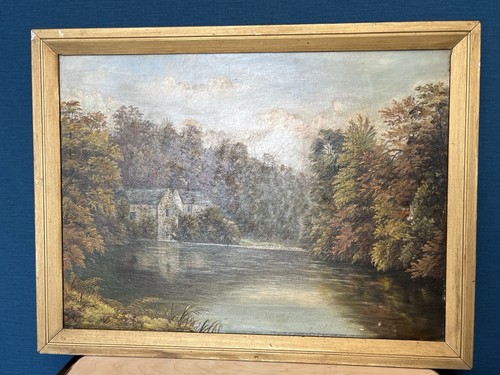 Antique oil painting river - oil,