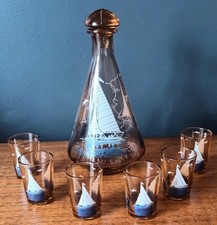 Vintage 1960s French Peach Glass Decanter Set With 6 Glasses Sailboat Yacht