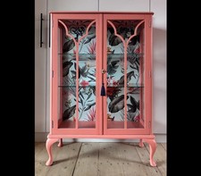 Stunning Coral Glass Drinks Cabinet With Floral Backing And Glass Shelves