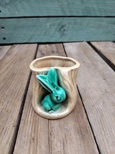 Campsie Ware Rabbit In A Tree Stumps Small Vase Green And Beige 70s