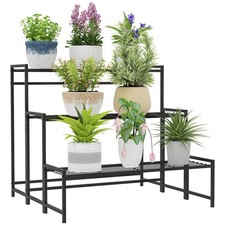 Outsunny 3-Tier Metal Plant Stand, Modern Ladder Shelf for Garden, Black