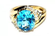 Blue Topaz Ring 9ct Gold 4.0g Large Swiss Blue Topaz & 0.12ct Diamonds Size K