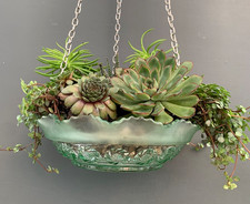 VINTAGE Green Glass Textured OPEN TERRARIUM Medium Sized HANGING PLANTER