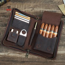 Genuine Leather Cigar Case Holder Travel Humidor Set Lighter Cutter Pocket Box##