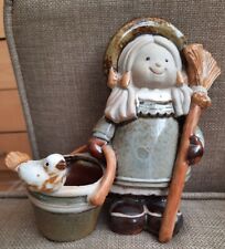 China Statue Of Girl Cleaning With Broom & Bucket,bird RARE