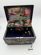 Vintage Japanese Lacquer Jewellery Box MOP Inlay Rickshaw Scene & Key 1950s
