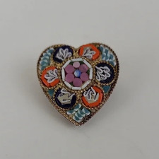 Micro Mosaic Heart Shape Floral Geometric Brooch Gold Tone Italy Vintage