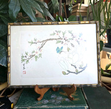 Vintage Chinese Silk Painting Blossom Cherry Framed Art Wooden Bamboo Style