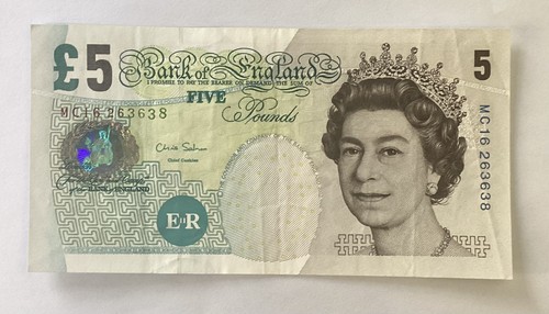Five pound note used - five, used/salmon